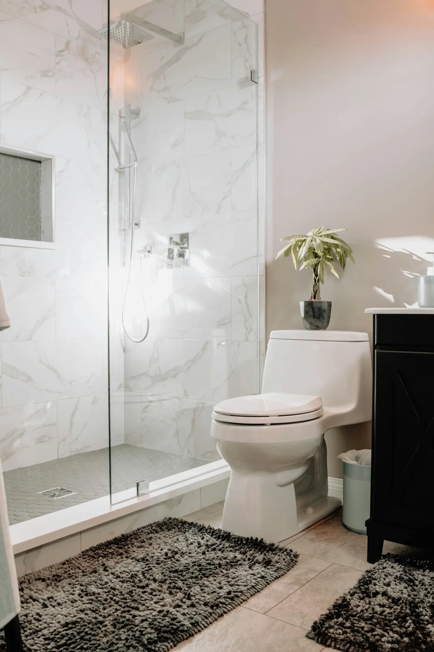 Modern bathroom with a glass-enclosed shower, white marble tiles, a toilet, a black cabinet with a potted plant on top, beige tiled floor, and brown shaggy rugs.